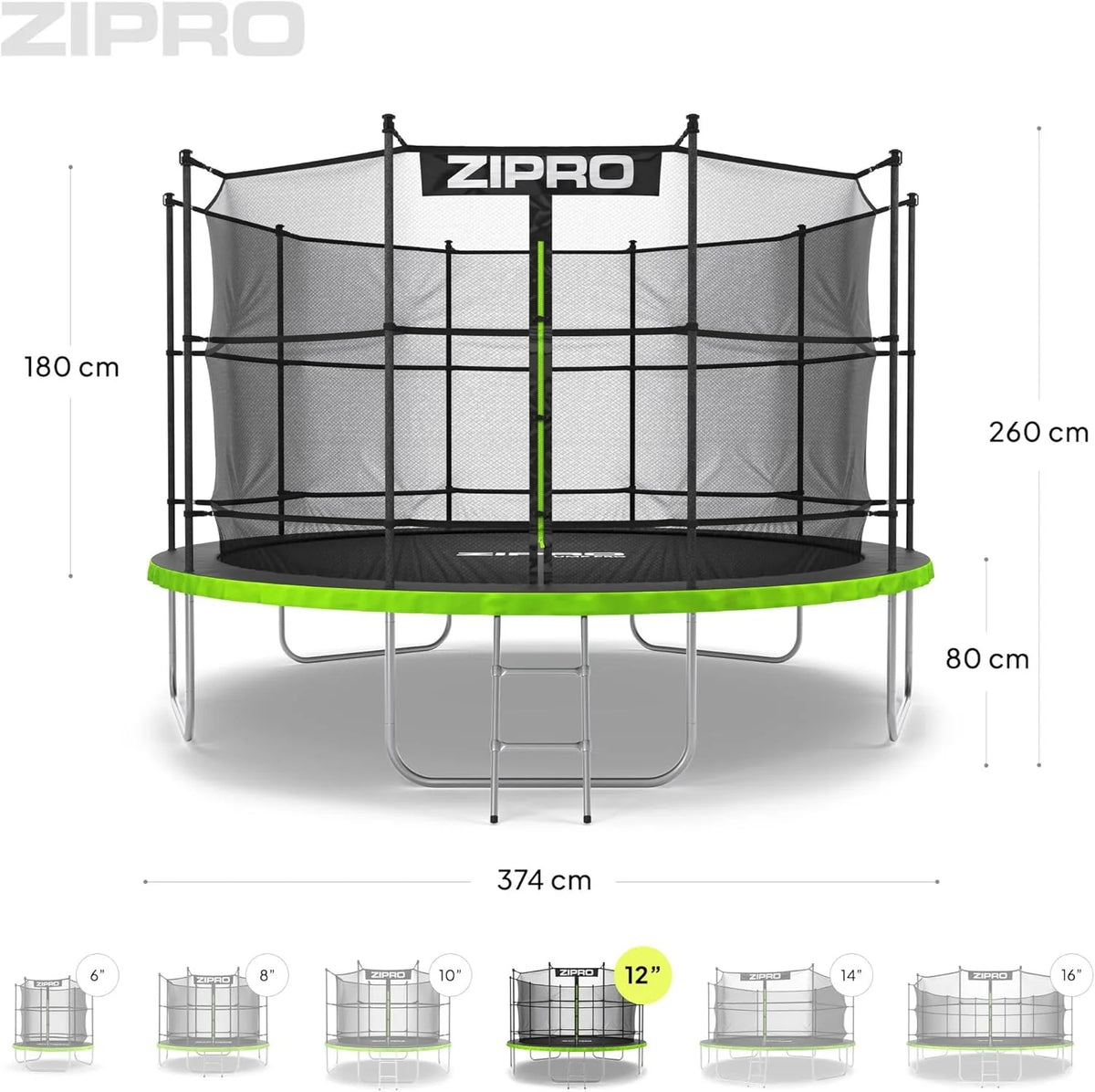 ZIPRO JumpPro IN Trampolina Ogrodowa, Trampolina dla Dzieci, z Siatką Wewnętrzną, Odporna na Warunki, Ochrona UV, Udźwig 100-150 kg, Ø 183/252/312/374/435/496 cm