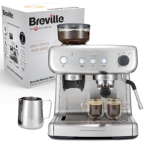 Breville Barista Max Ekspres do kawy Kolbowy VCF126X, Zbiornik na wodę 2.8L, Zintegrowany młynek do kawy i spieniacz do mleka, 15 Bar, Stal Szczotkowana(barista z młynkiem do kawy)
