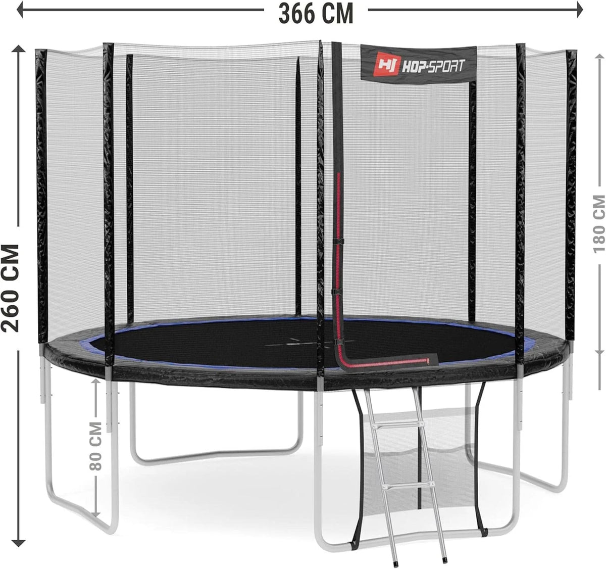 Hop-Sport Trampolina ogrodowa – Komplet trampoliny z podwójnymi nogami w kształcie litery U, zewntrzną siatką, matą do skakania, drabinką ora dodatkowymi akcesoriami, Ø 244/305/366/427/488 cm