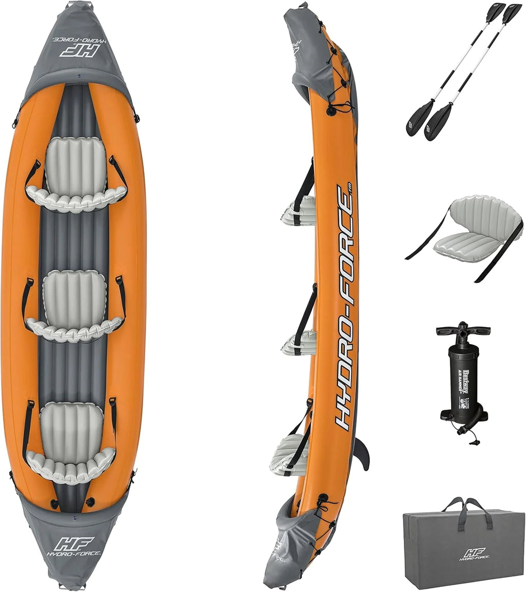 Hydro-force Lite Rapid Kajak, 3-osobowy, nadmuchiwany kajak, do siedzenia, z oparciem, 2 wiosłami i pompką ręczną, pomarańczowy, jeden rozmiar