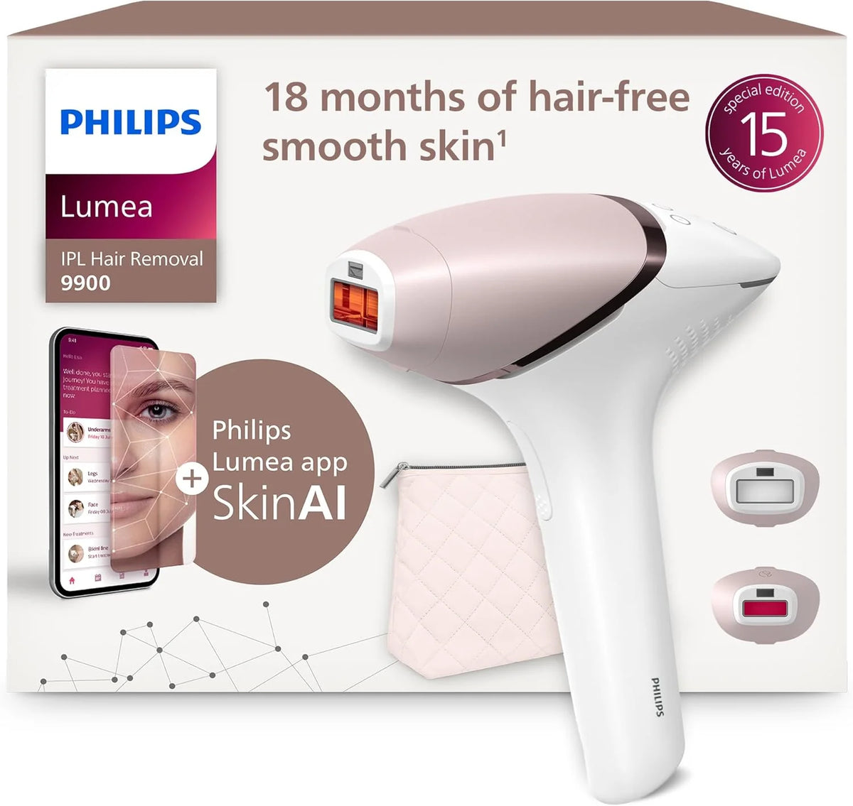 Philips Lumea 9900 urządzenie IPL do depilacji laserowej, alternatywa dla SenseIQ i SkinAI, 2 akcesoria do ciała i twarzy, BRI950/02