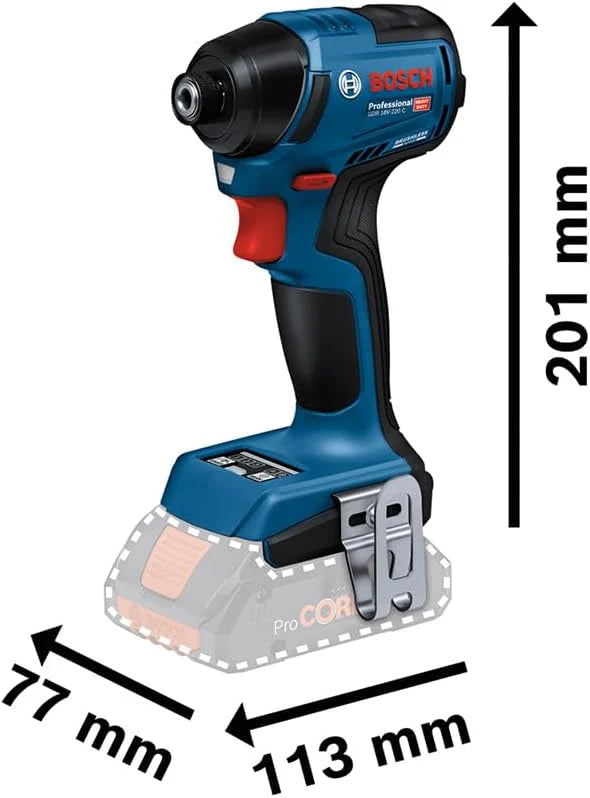 Bosch Professional 18 V System akumulatorowa wkrętarka udarowa GDR 18 V-220 C (do 3400 min¹, siła ciągu 220 Nm, silnik bezszczotkowy, w zestawie: 1 x klips do paska, 1 x uchwyt do bitów, bez