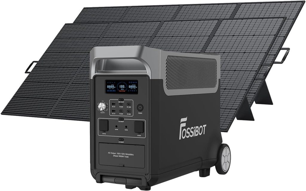 FOSSiBOT F3600 Pro Generator z panelem solarnym 420 W, przenośne zasilanie LiFePO4 3840 Wh, 3 x 230 V AC 3600 W (szczyt 7200 W), generator burzowy, oświetlenie LED do biwakowania, kampera, awarii