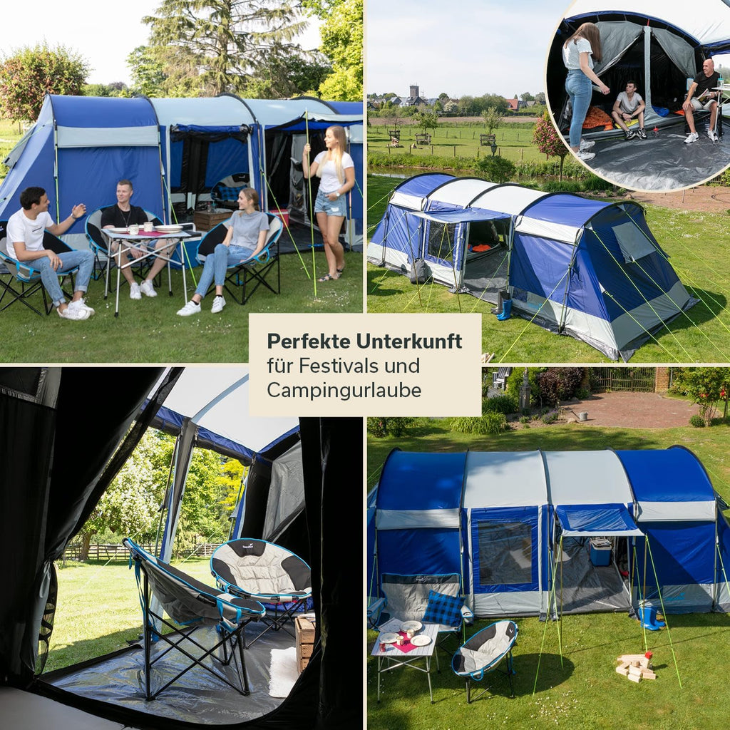 Skandika Namiot tunelowy Montana Sleeper Protect dla 10 osób | wszyta podłoga namiotu, technologia Sleeper, 2 do 4 czarnych sypialni, wodoodporność 5000 mm, moskitiera, 4 wejścia, namiot rodzinny (niebieski)
