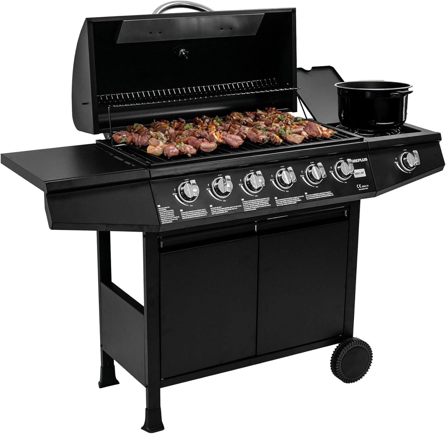 Grill gazowy Fireplus 6+1, 12,9 kW – stal nierdzewna czarna – grill z kółkami, model GRILL-6F – grill XXL z wózkiem i termometrem – 138 x 52 x 103 cm – 7 palników i tacka boczna(6+1)