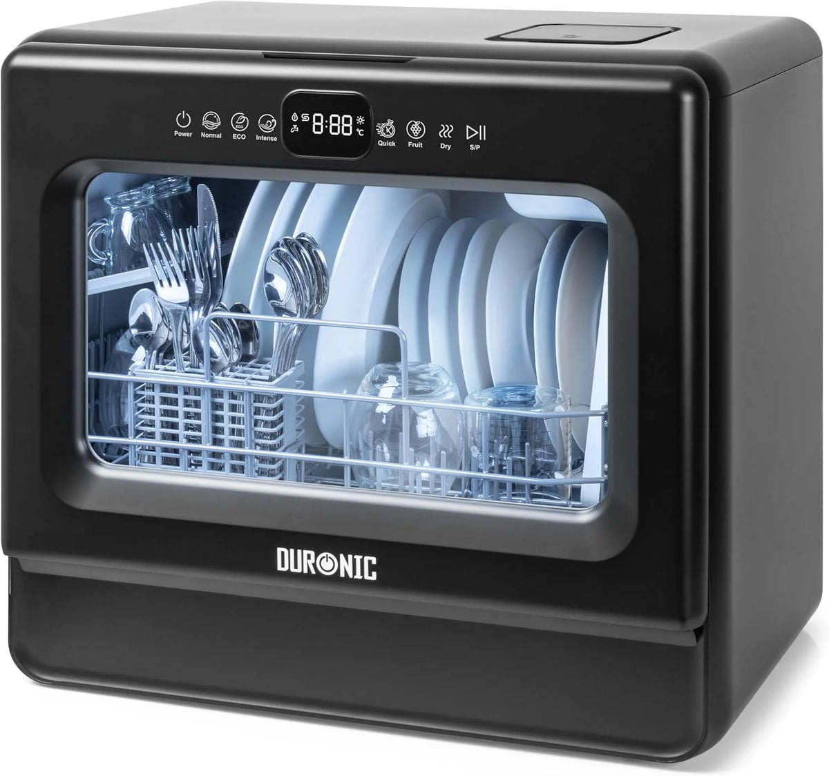 Duronic DW10 BK Zmywarka nablatowa bez przyłącza do wody przenośna kompaktowa stołowa czarna możliwy stały podłącz mini mała do naczyń 1050W