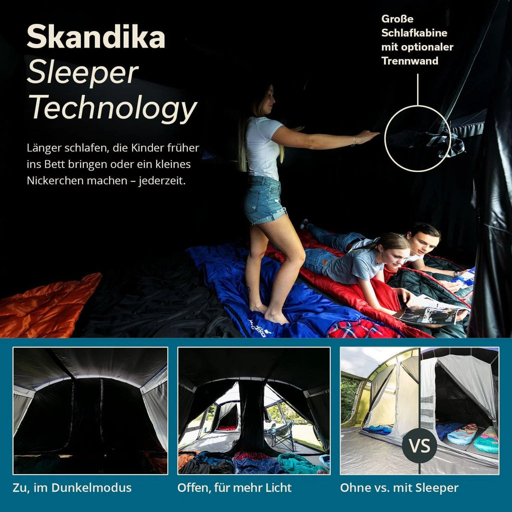 Skandika Namiot tunelowy Montana Sleeper Protect dla 10 osób | wszyta podłoga namiotu, technologia Sleeper, 2 do 4 czarnych sypialni, wodoodporność 5000 mm, moskitiera, 4 wejścia, namiot rodzinny (niebieski)