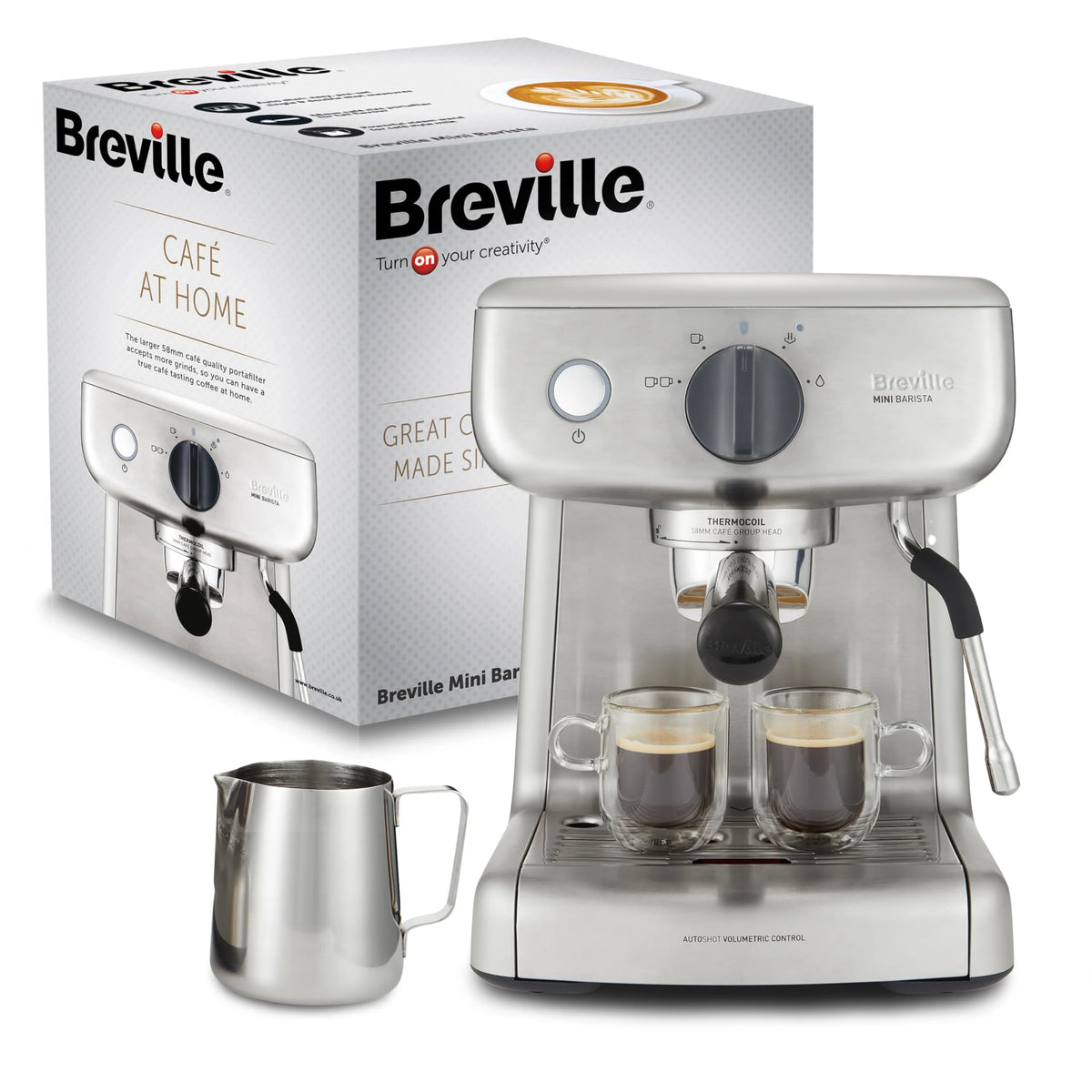Breville Barista Max Ekspres do kawy Kolbowy VCF126X, Zbiornik na wodę 2.8L, Zintegrowany młynek do kawy i spieniacz do mleka, 15 Bar, Stal Szczotkowana