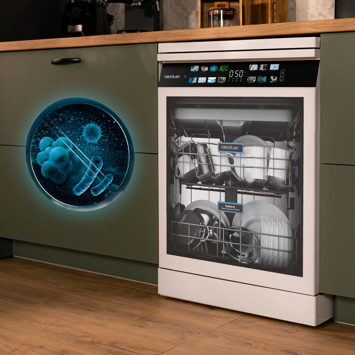 Cecotec Zmywarka do zabudowy Bolero Aguazero 6700 B. 60 cm, 15 kryć, klasa B, silnik falownika Plus, kolorowy wyświetlacz, 14 programów, O2 Dry, Turbo Dry+, Dual Zone, regulowana taca, AutoClean