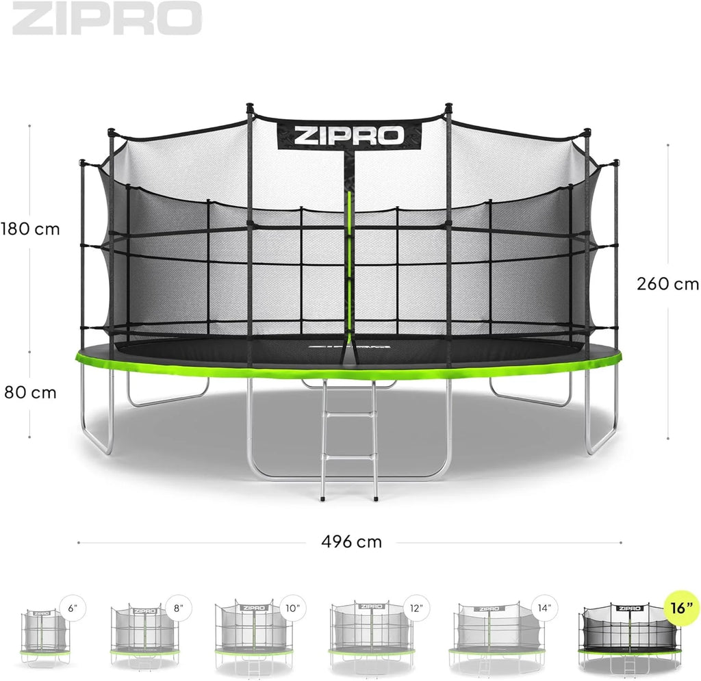 ZIPRO JumpPro IN Trampolina Ogrodowa, Trampolina dla Dzieci, z Siatką Wewnętrzną, Odporna na Warunki, Ochrona UV, Udźwig 100-150 kg, Ø 183/252/312/374/435/496 cm