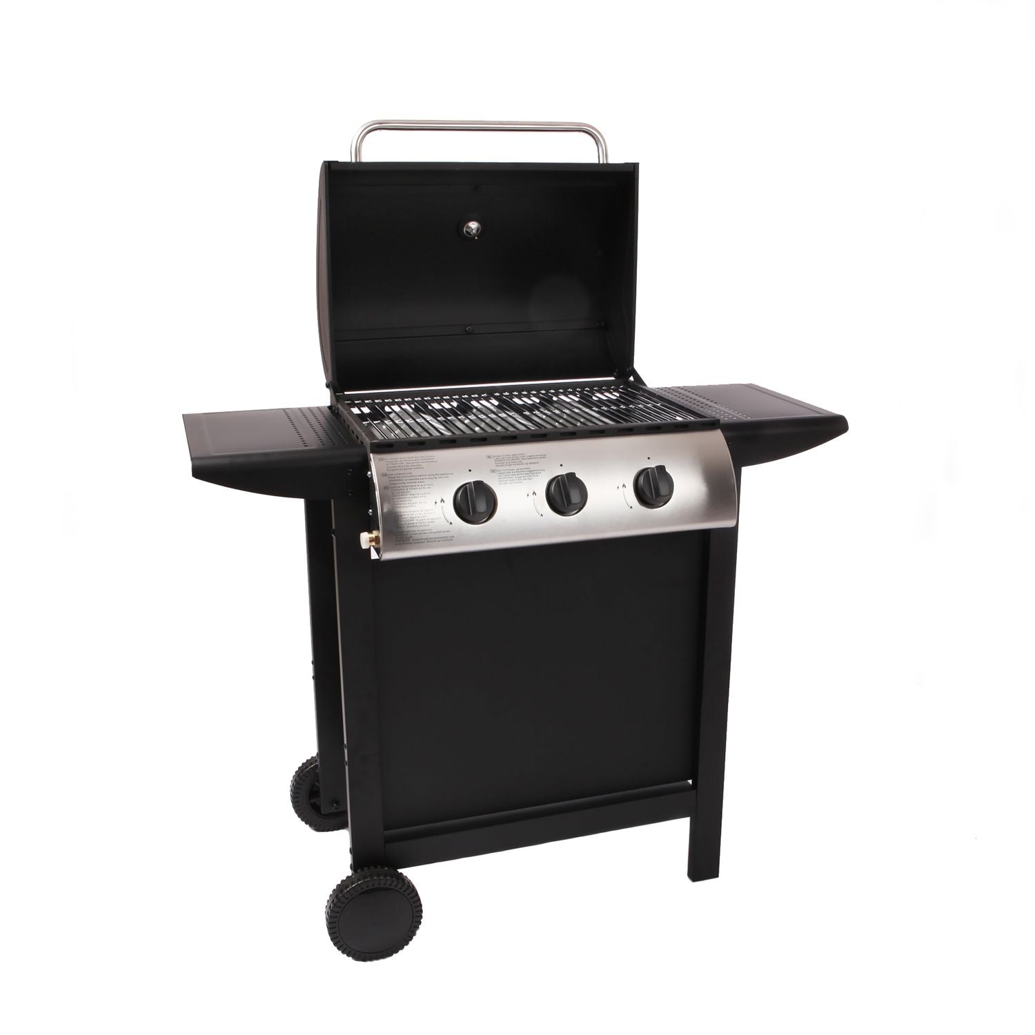 Lofoten - 8,4 kW, 3-palnikowy grill gazowy na kółkach, do użytku na zewnątrz, z pokrywą, 2 chromowanymi rusztami, 2 bocznymi półkami, 1 dolną tacką i termometrem - czarny(Por omisión)