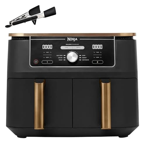 Ninja Foodi MAX Dual Zone Frytkownica beztłuszczowa z 2 szufladami, 9,5 l, kosz nieprzywierający nadaje sie do zmywarki, na 8 porcji, miedziano/czarna, 6 w 1, amazon exclusive, AF400EUCP(9.5 l/Podwójna szuflada)