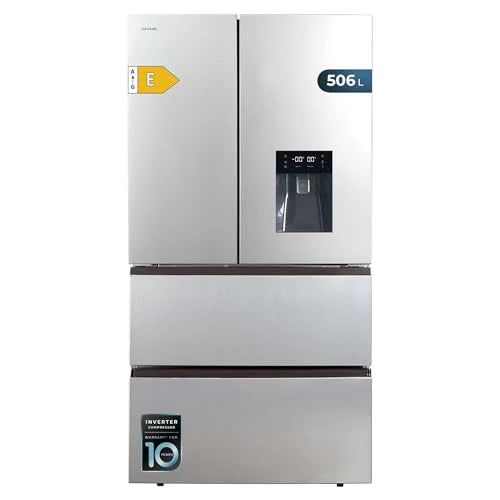 Cecotec Lodówka Francuska Drzwi Inox z dozownikiem wody 510 L Bolero CoolMarket FD 510 WD Inox E. 183 cm Wysoki, 84 cm Szerokość, Silnik Inverter Plus, Niskie zużycie, Łącznie NoFrost(Inox | Dozownik wody/510 L)