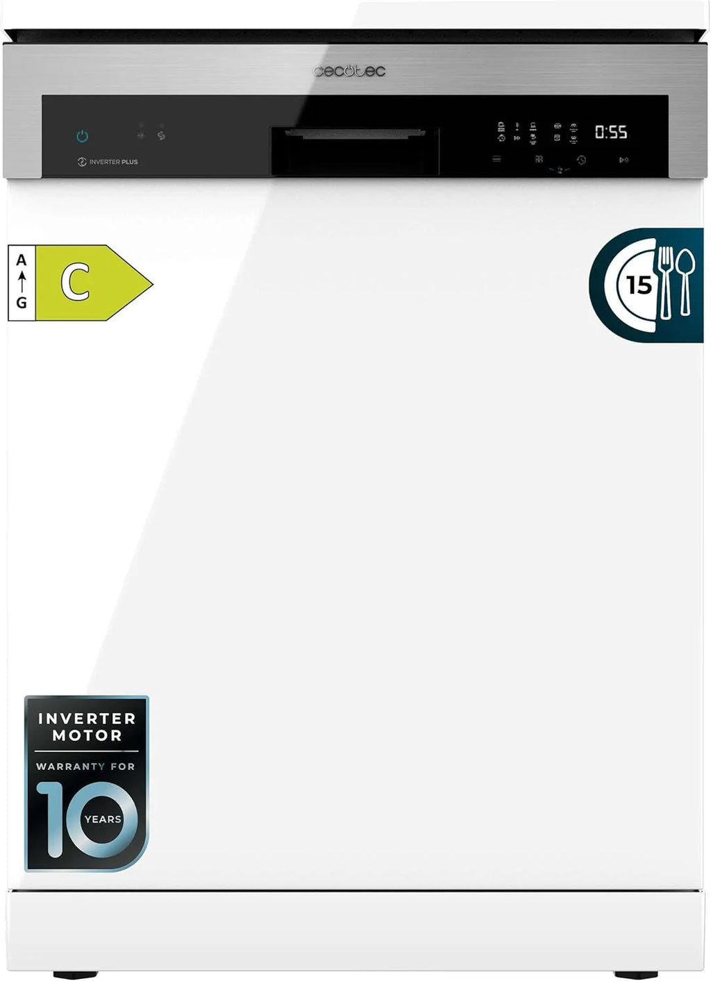 Cecotec Zmywarka 60cm Wolnostojący Bolero Aguazero 6500 C. 15 sztućców, 3. Taca, 6 Programów z Dual Zone Wash, Dry+, Auto Open, Średnie obciążenie, Odroczony start, Silnik Inverter Plus