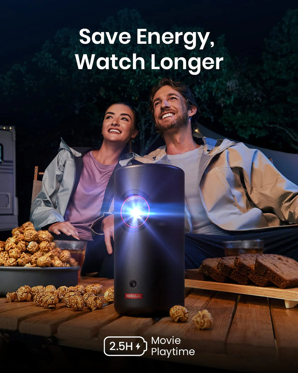 Projektor laserowy NEBULA Capsule 3 GTV(odnowiona), 300 lumenów ANSI, mini projektor Smart TV 1080p z Wi-Fi, mobilny do użytku na zewnątrz, Dolby Digital, projektor laserowy, autofokus, obraz 120 cali