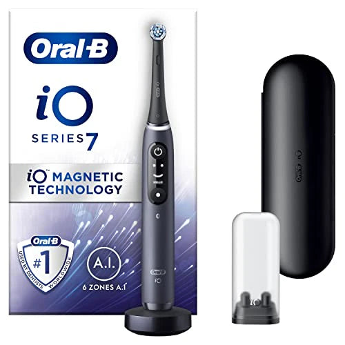 Oral-B iO7 Elektryczna szczoteczka do zębów dla dorosłych, prezent dla kobiet/mężczyzn, uchwyt połączony z aplikacją, 1 x szczoteczka do zębów i etui podróżne, 5 trybów wybielania zębów, kolor czarny
