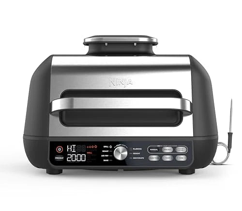 Ninja Foodi MAX PRO Grill, płaska płyta i frytkownica beztluszczowa z cyfrową sondą kuchenną i termometrem, 3,8 l, 7 funkcji gotowania w 1, części można myć w zmywarce, srebrno/czarny, AG651EU(Czarno/Srebrna/3.8 l/7 Funkcji Gotowania)