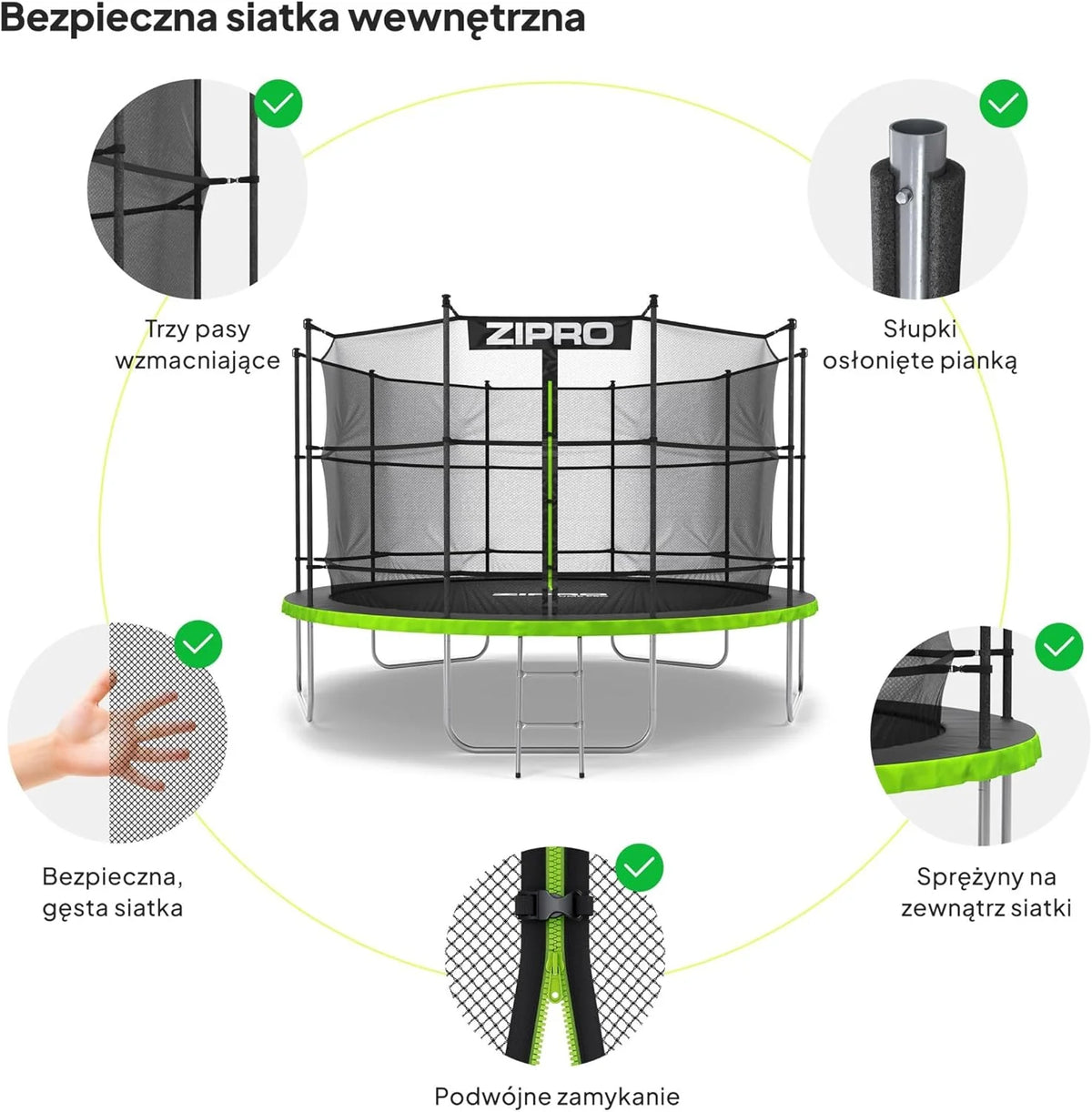ZIPRO JumpPro IN Trampolina Ogrodowa, Trampolina dla Dzieci, z Siatką Wewnętrzną, Odporna na Warunki, Ochrona UV, Udźwig 100-150 kg, Ø 183/252/312/374/435/496 cm