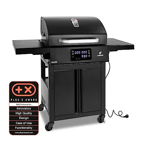 LANDMANN Elektryczny grill na kółkach EG-II-591, wydajny grill stojący z 2 termometrami do mięsa i termometrem w pokrywie, grillowanie bez gazu i węgla, powierzchnia grillowania ok. 59 x 40,5 cm, 3200