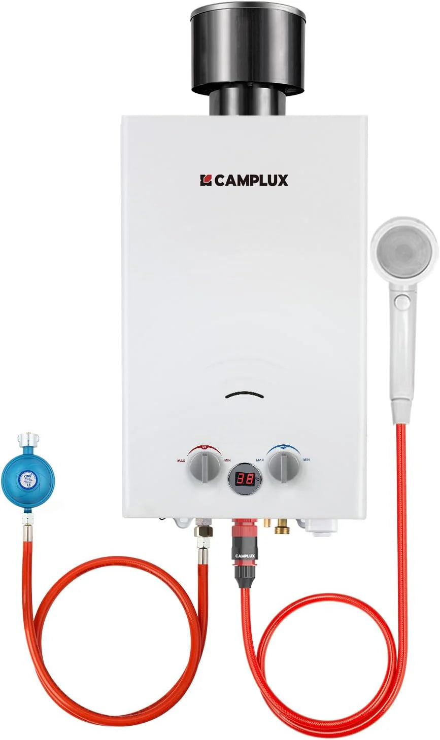 CAMPLUX 10 litrów gazowy podgrzewacz wody z pompą wodną BW264BCP120-DE, bezzbiornikowy zewnętrzny prysznic gazowy do mycia koni/kemping/podróży RV, 50mbar, LPG
