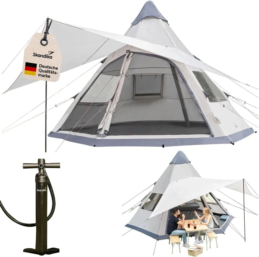 Skandika Tipi Hetta 460 Air Protect nadmuchiwany namiot rodzinny dla 6 osób, wysokość 2,95 m, słup wody 3000 mm, wszyta podłoga, UV 50+, namiot kempingowy, namiot festiwalowy, namiot indiański