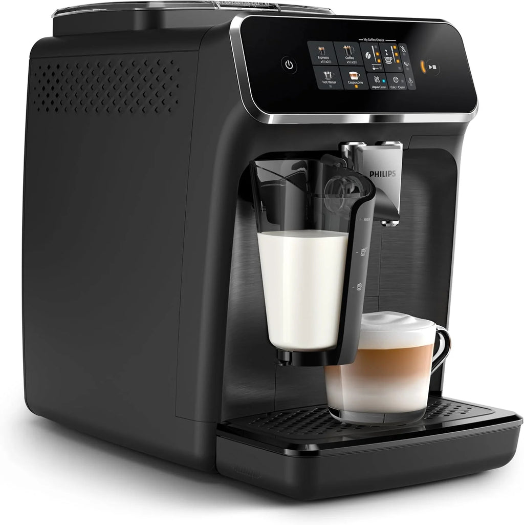 Philips z serii 2300 w pełni zautomatyzowany ekspres do kawy - 4 napoje, nowoczesny, kolorowy ekran dotykowy, LatteGo, SilentBrew, młynek w 100% ceramiczny, filtr AquaClean. Czarny, matowy (EP2330/10)