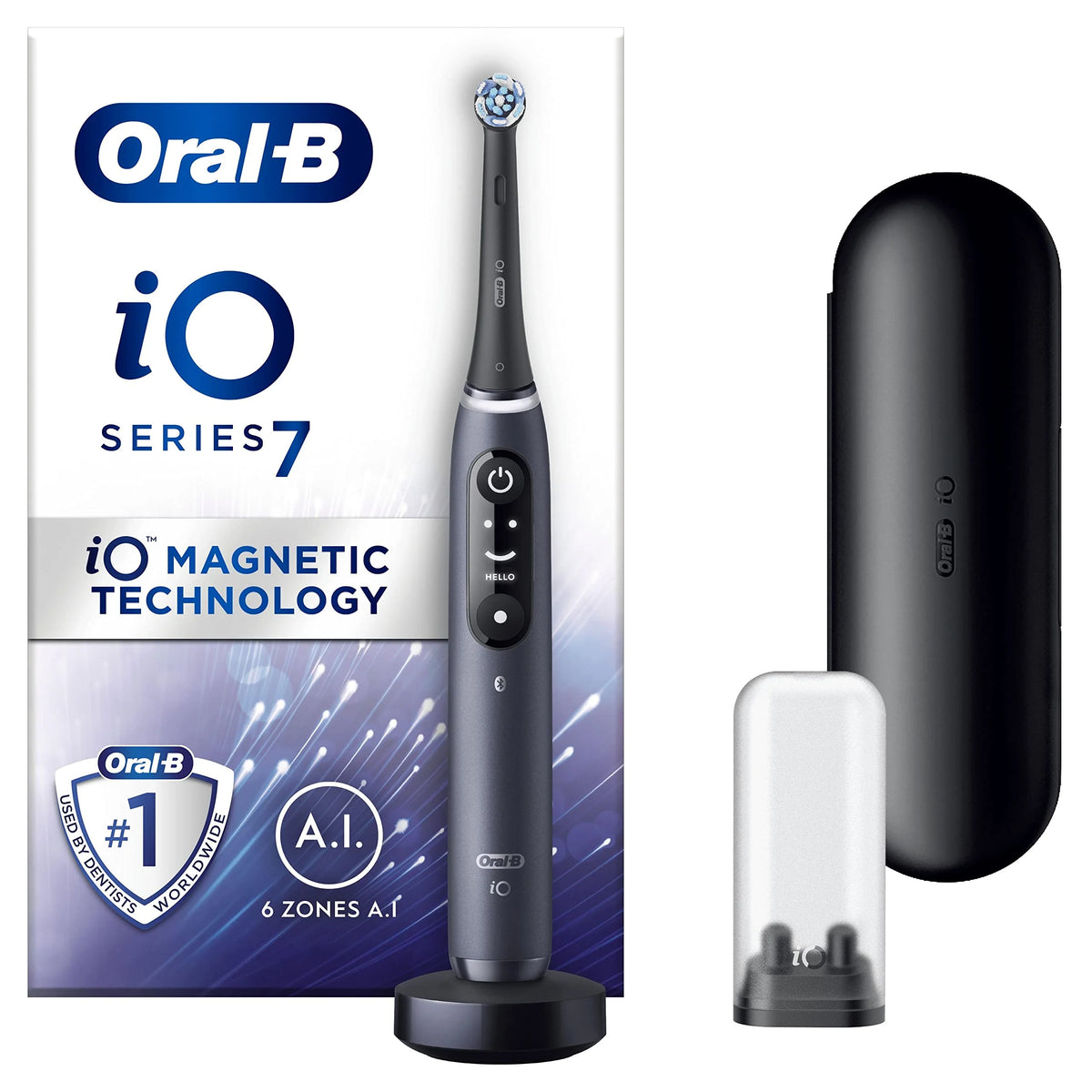 Oral-B iO7 Elektryczna szczoteczka do zębów dla dorosłych, prezent dla kobiet/mężczyzn, uchwyt połączony z aplikacją, 1 x szczoteczka do zębów i etui podróżne, 5 trybów wybielania zębów, kolor czarny