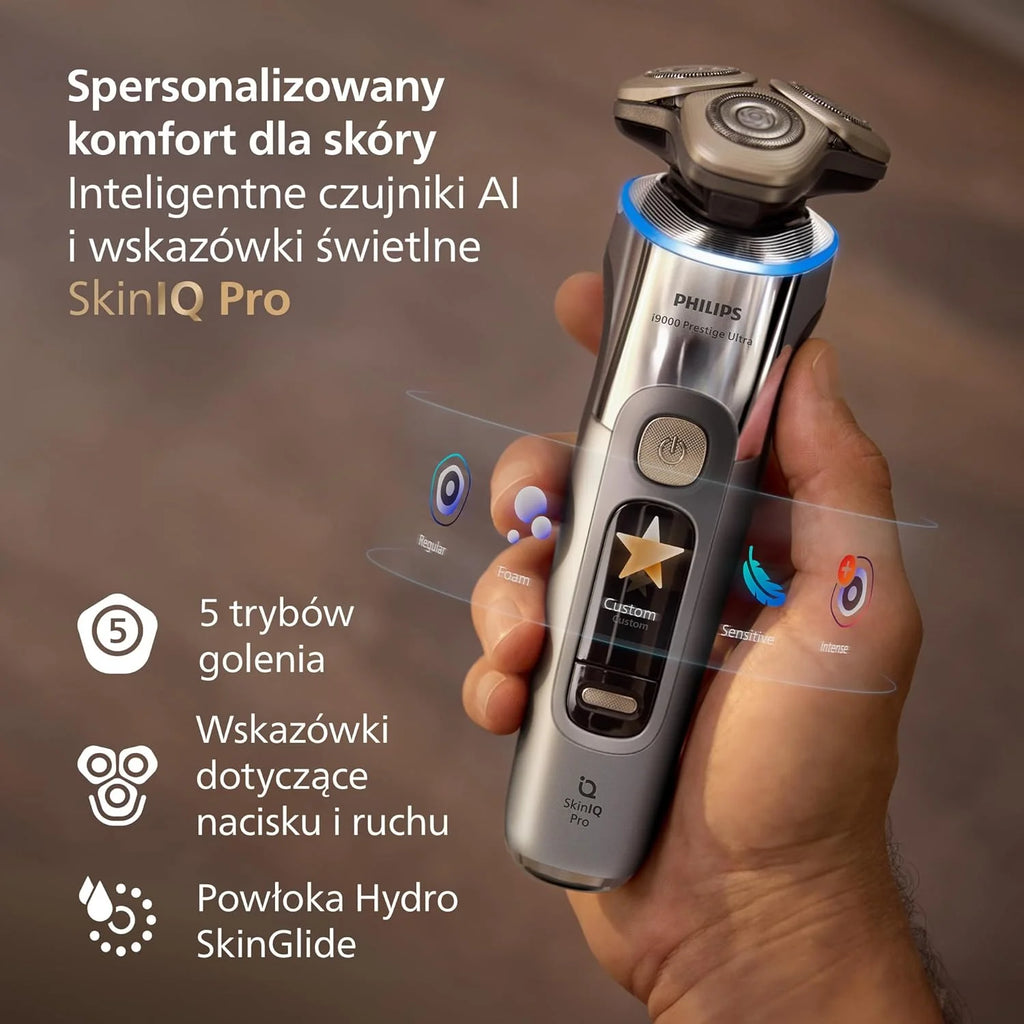 Philips Shaver i9000 Prestige Ultra, golarka elektryczna do golenia na sucho i mokro z technologią Skin IQ Pro, System Triple Lift & Cut, obrotowe 360º ostrza, 5 trybów golenia, Model XP9404/31