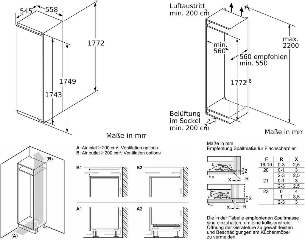 Bosch KIF82PFE0, seria 8, lodówka do zabudowy z zamrażarką, wnęka 177,5 x 56 cm, chłodzenie 254 l + 15 l zamrażania, Made in Germany, 3 x dłuższa świeżość, półki ze szkła bezpiecznego, szybsze