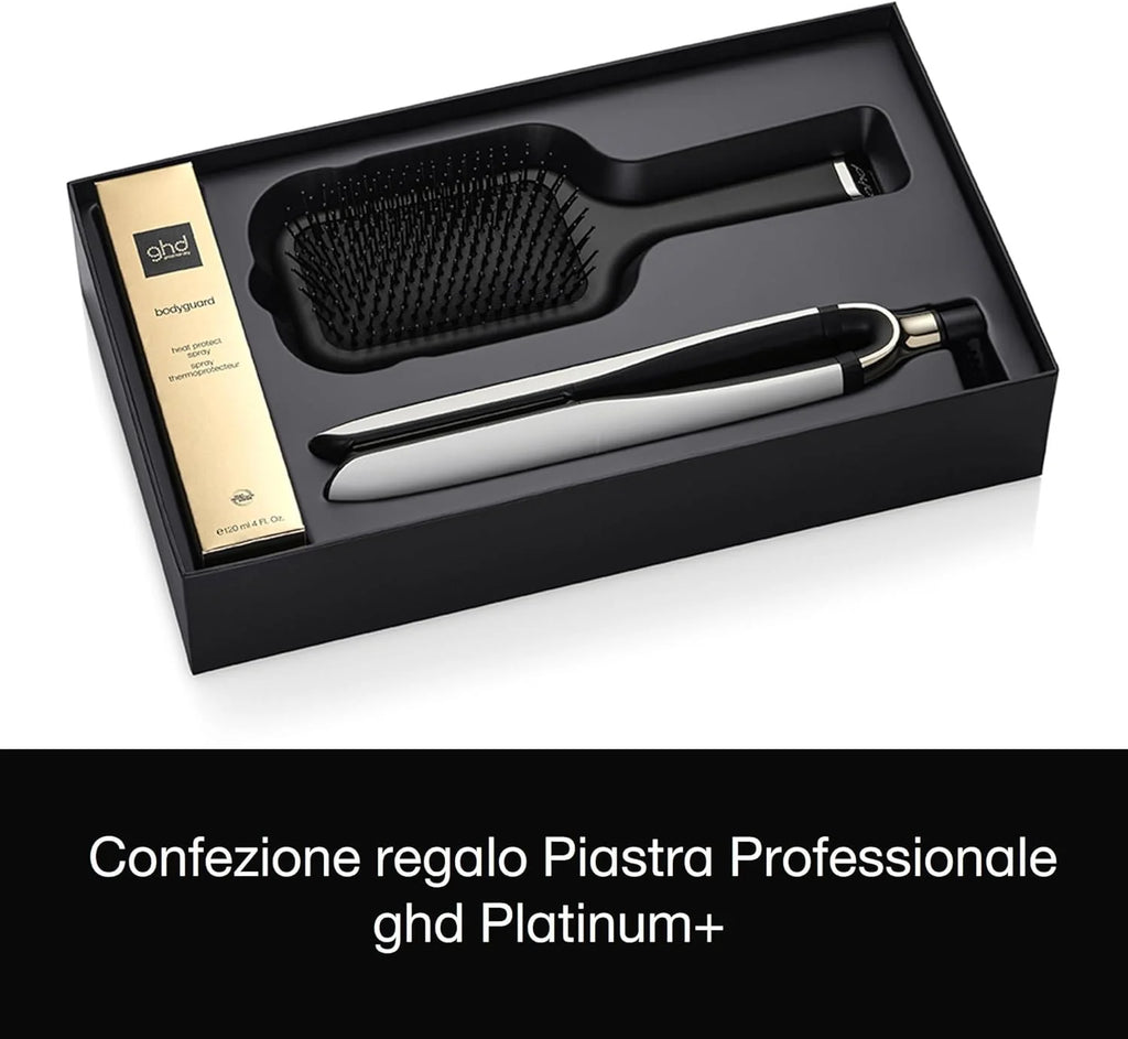 GHD Platinum+ Profesjonalna i Inteligentna Ceramiczna Prostownica do Włosów z Ochronnym Sprayem Termicznym Bodyguard i Wiosłownicą All Rounder, Biała – Tylko dla Amazon