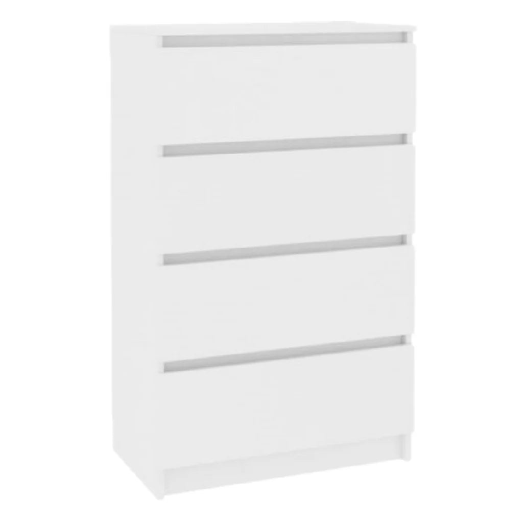 Szafka nocna z czterema szufladami, biały wykończenie, minimalistyczny design.