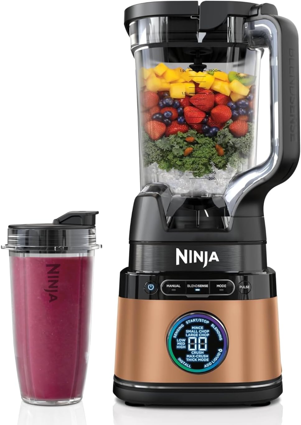Ninja 2-in-1 Detect Power Blender Pro  Single Serve, 1200 W, dzbanek 2 l (maks.900 ml), 1 kubek 680 ml, smoothie, rozdrabnianie warzyw i miksowanie mrożonych napojów, Czarny- miedziany, TB301EUCP(Czarna i miedziana/2-in-1 Blender miedziana)