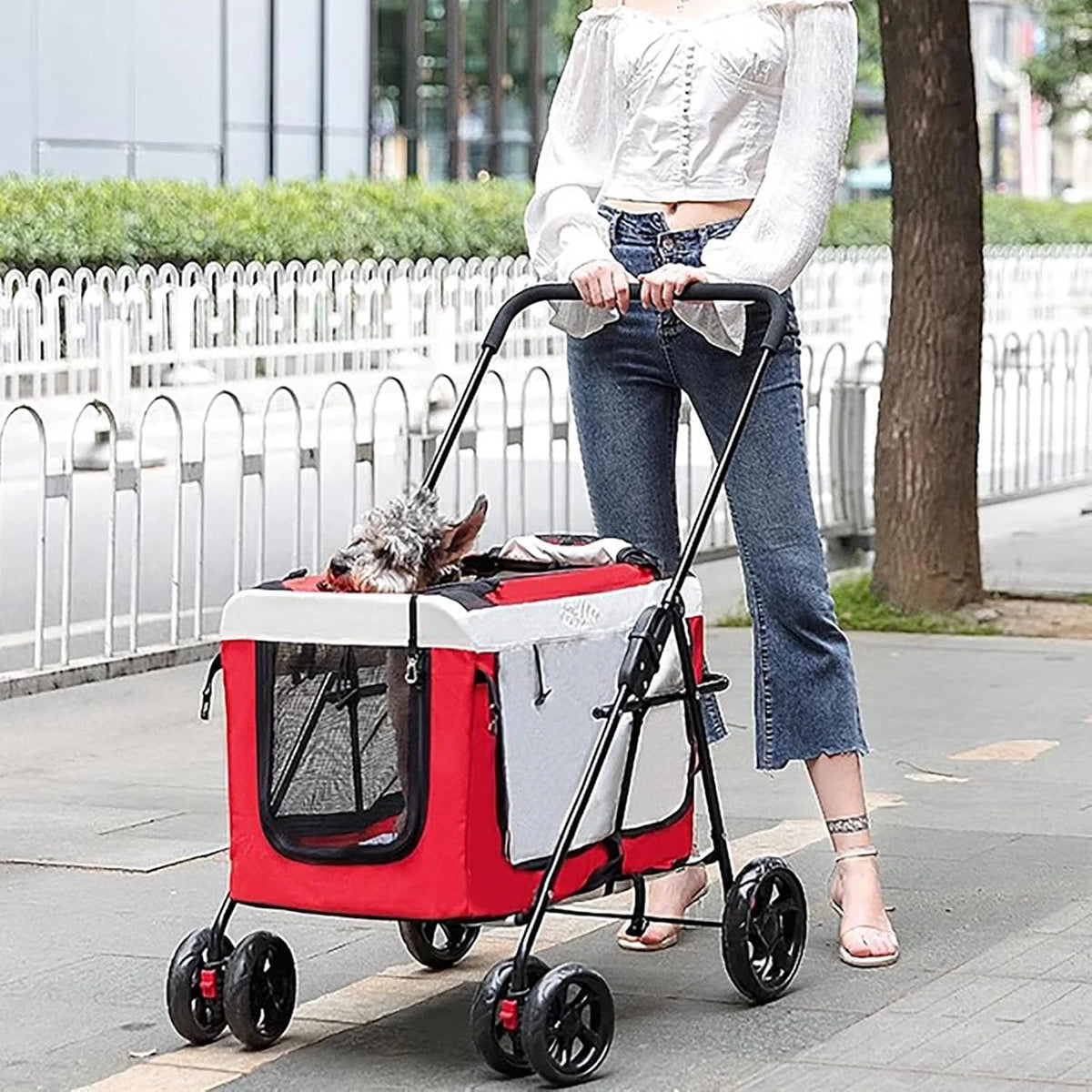 Dog Stroller, Cat Stroller, Pet Stroller, Portable Removable Carrier, with Top Mesh Windows, Breathable, Available in a Variety of Colors(Khaki)