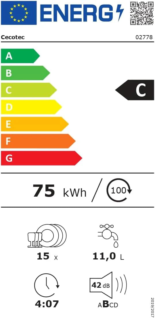 Cecotec Zmywarka 60cm Wolnostojący Bolero Aguazero 6500 C. 15 sztućców, 3. Taca, 6 Programów z Dual Zone Wash, Dry+, Auto Open, Średnie obciążenie, Odroczony start, Silnik Inverter Plus