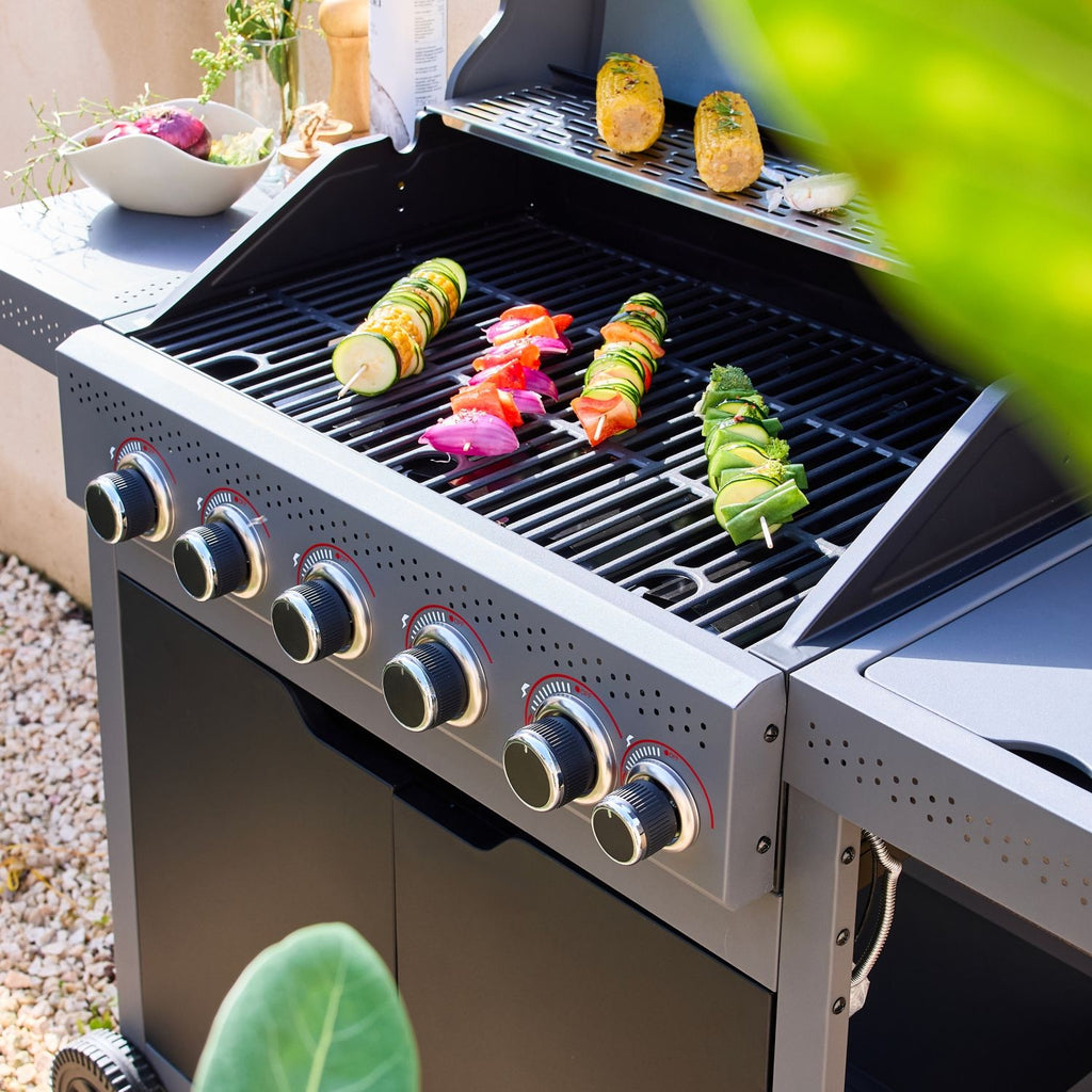 Grill gazowy z 5 palnikami + 1 palnik boczny, czarny