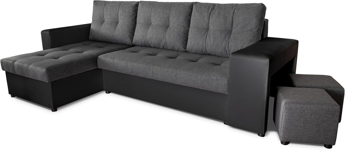 NAWSTOL - Sofa narożna Leon z funkcją spania i skrzynią na pościel – nowoczesna sofa do salonu – możliwość montażu z lewej lub prawej strony (szara + biała sztuczna skóra)