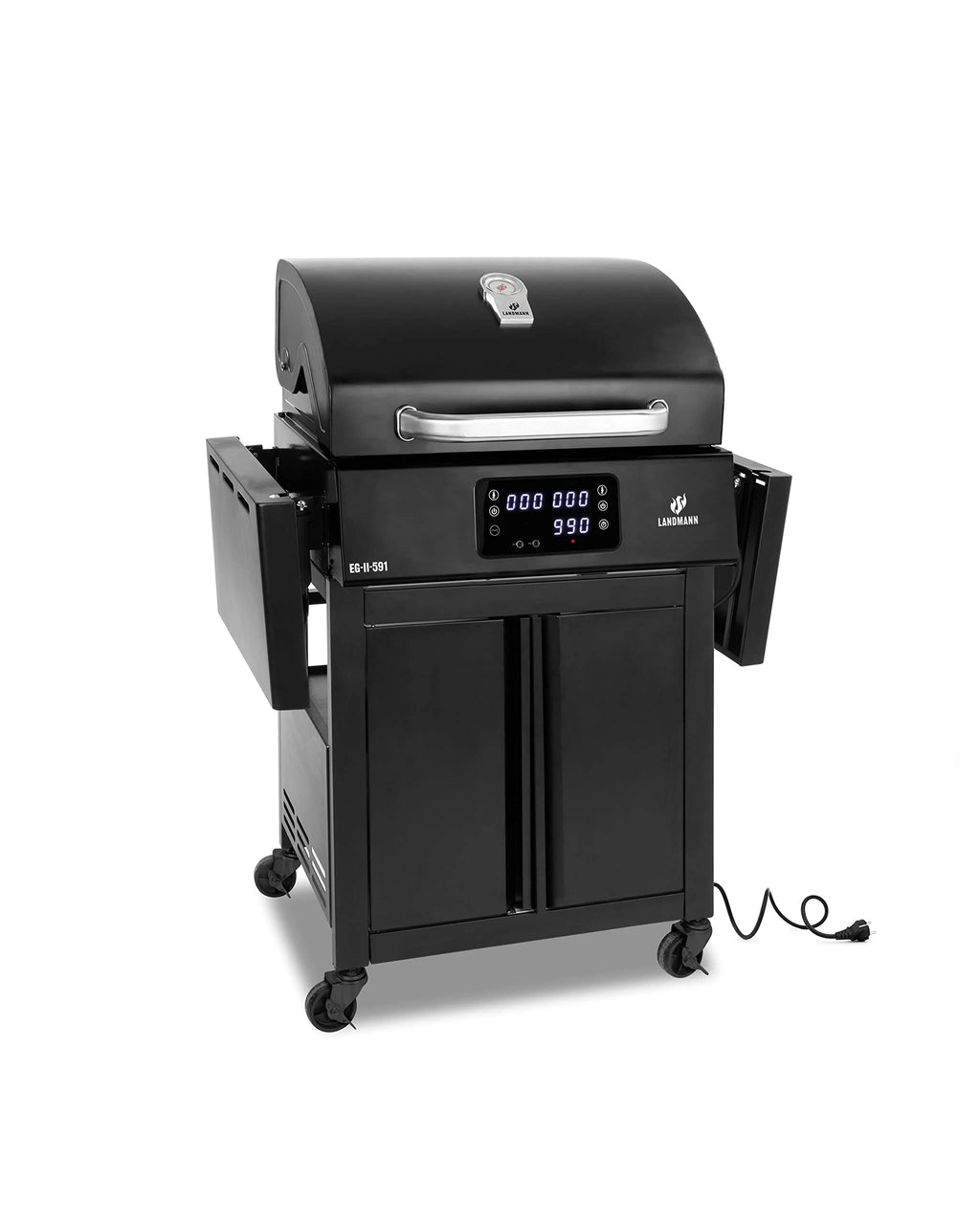 LANDMANN Elektryczny grill na kółkach EG-II-591, wydajny grill stojący z 2 termometrami do mięsa i termometrem w pokrywie, grillowanie bez gazu i węgla, powierzchnia grillowania ok. 59 x 40,5 cm, 3200