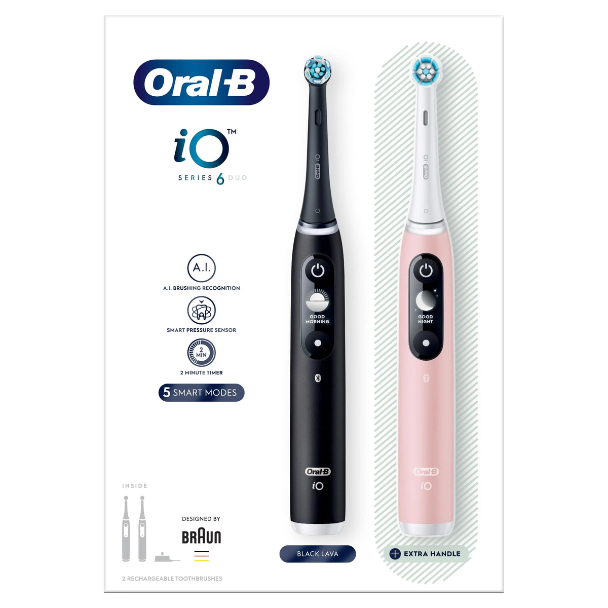 Oral-B iO6 2 x elektryczne szczoteczki do zębów z rewolucyjną technologią iO, 2 uchwyty, 2 głowice szczoteczki do zębów, 5 trybów wybielania zębów, wtyczka 2-pinowa, czarna lawa i różowy piasek