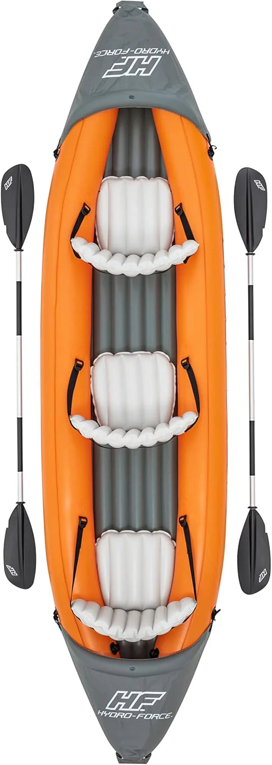 Hydro-force Lite Rapid Kajak, 3-osobowy, nadmuchiwany kajak, do siedzenia, z oparciem, 2 wiosłami i pompką ręczną, pomarańczowy, jeden rozmiar