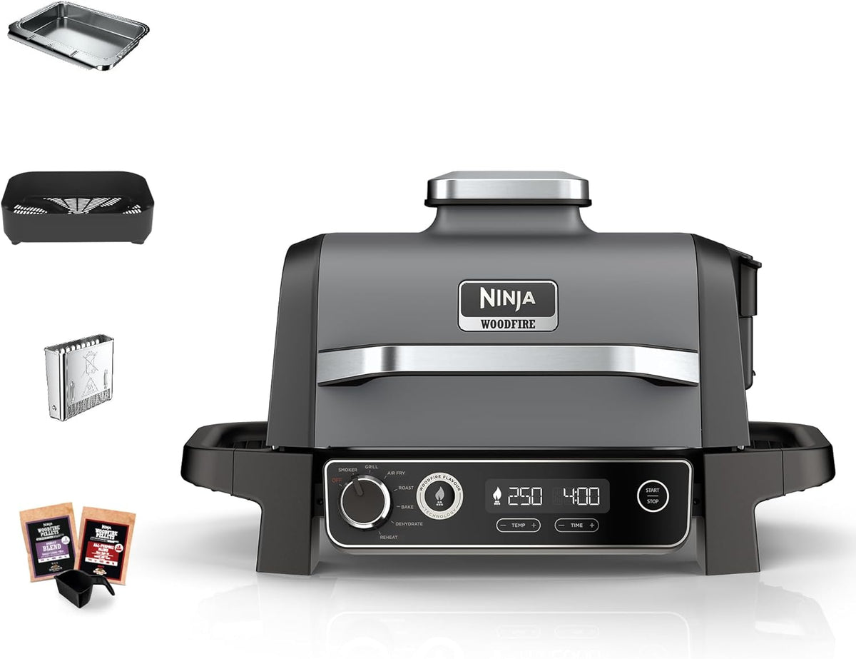 Ninja Woodfire Pro Connect XL Grill elektryczny BBQ I wędzarnia ze sterowaniem za pomocą aplikacji, 2 cyfrowymi sondami, dużym grillem zewnętrznym i smażeniem beztłuszczowym 7 w 1, OG901EUAMZ