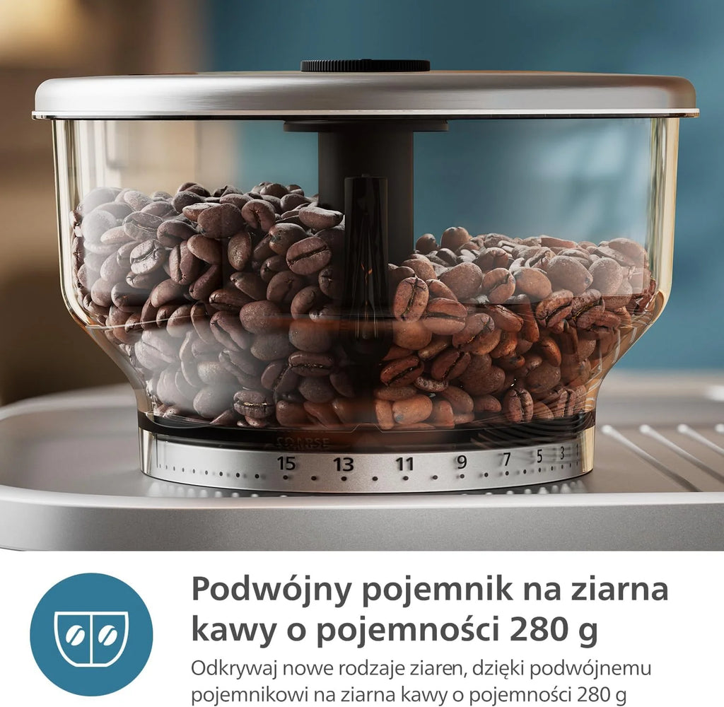 Półautomatyczny ekspres do kawy PHILIPS Barista Brew - pojedyncze i podwójne espresso + przycisk Americano, podwójny pojemnik na kawę ziarnistą, kalibrowane ubijanie, metalowe cappuccino (PSA3228/41)