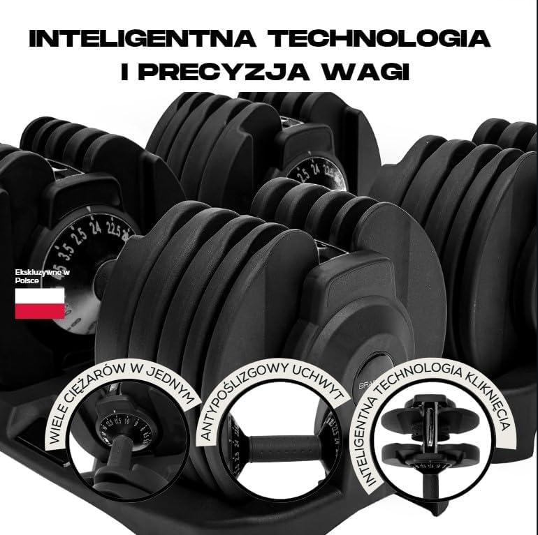 BRAINGAIN Regulowana, hantli para 15 w 1 (24 kg) ustawienia ciężaru, technologia Smart-Click umożliwiająca szybką zmianę ciężaru z bezpiecznym systemem blokującym, antypoślizgowy uchwyt