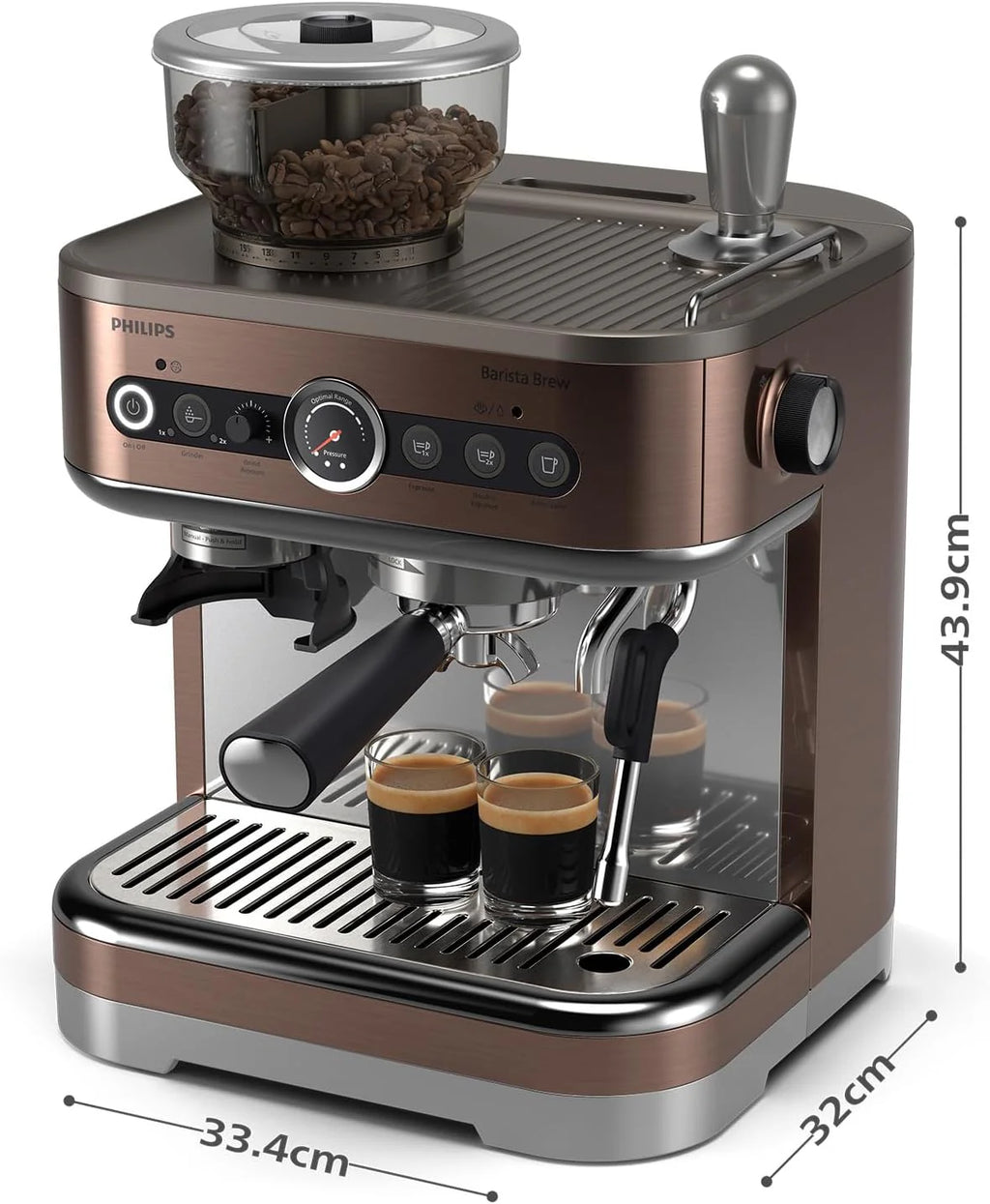 Półautomatyczny ekspres do kawy PHILIPS Barista Brew - pojedyncze i podwójne espresso + przycisk Americano, podwójny pojemnik na kawę ziarnistą, kalibrowane ubijanie, metalowe cappuccino (PSA3228/41)