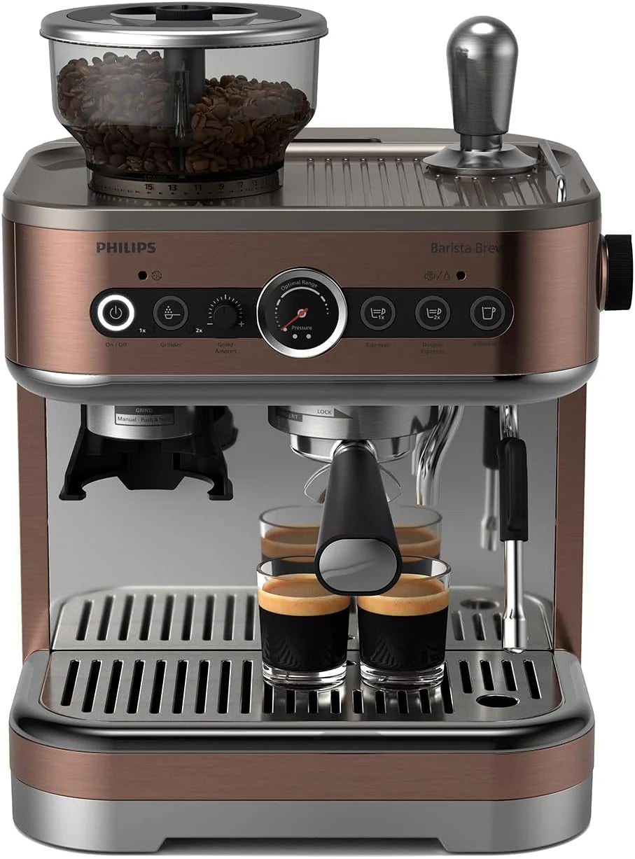 Półautomatyczny ekspres do kawy PHILIPS Barista Brew - pojedyncze i podwójne espresso + przycisk Americano, podwójny pojemnik na kawę ziarnistą, kalibrowane ubijanie, metalowe cappuccino (PSA3228/41)