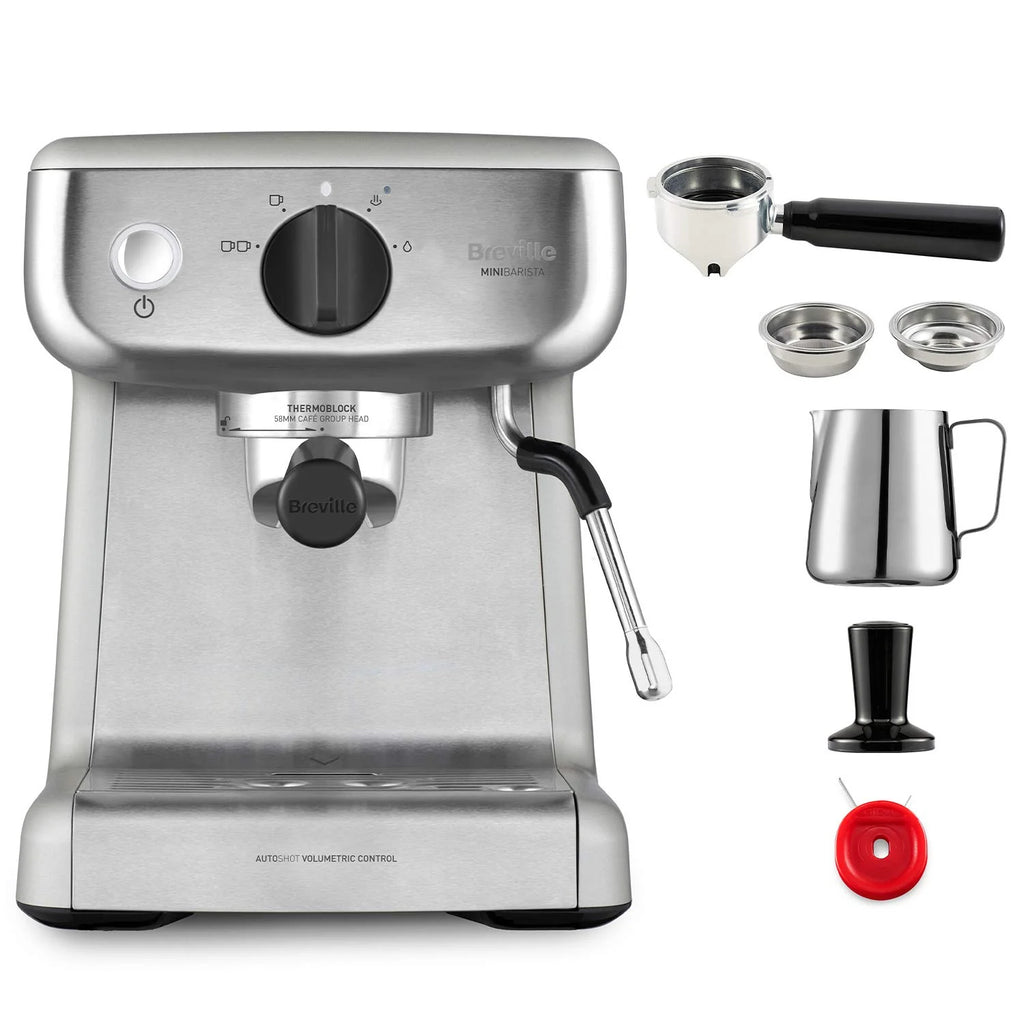 Breville Barista Max Ekspres do kawy Kolbowy VCF126X, Zbiornik na wodę 2.8L, Zintegrowany młynek do kawy i spieniacz do mleka, 15 Bar, Stal Szczotkowana