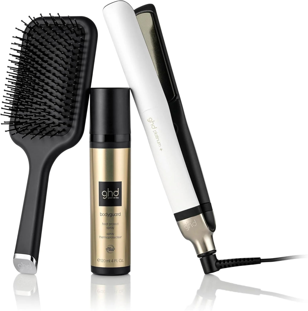 GHD Platinum+ Profesjonalna i Inteligentna Ceramiczna Prostownica do Włosów z Ochronnym Sprayem Termicznym Bodyguard i Wiosłownicą All Rounder, Biała – Tylko dla Amazon