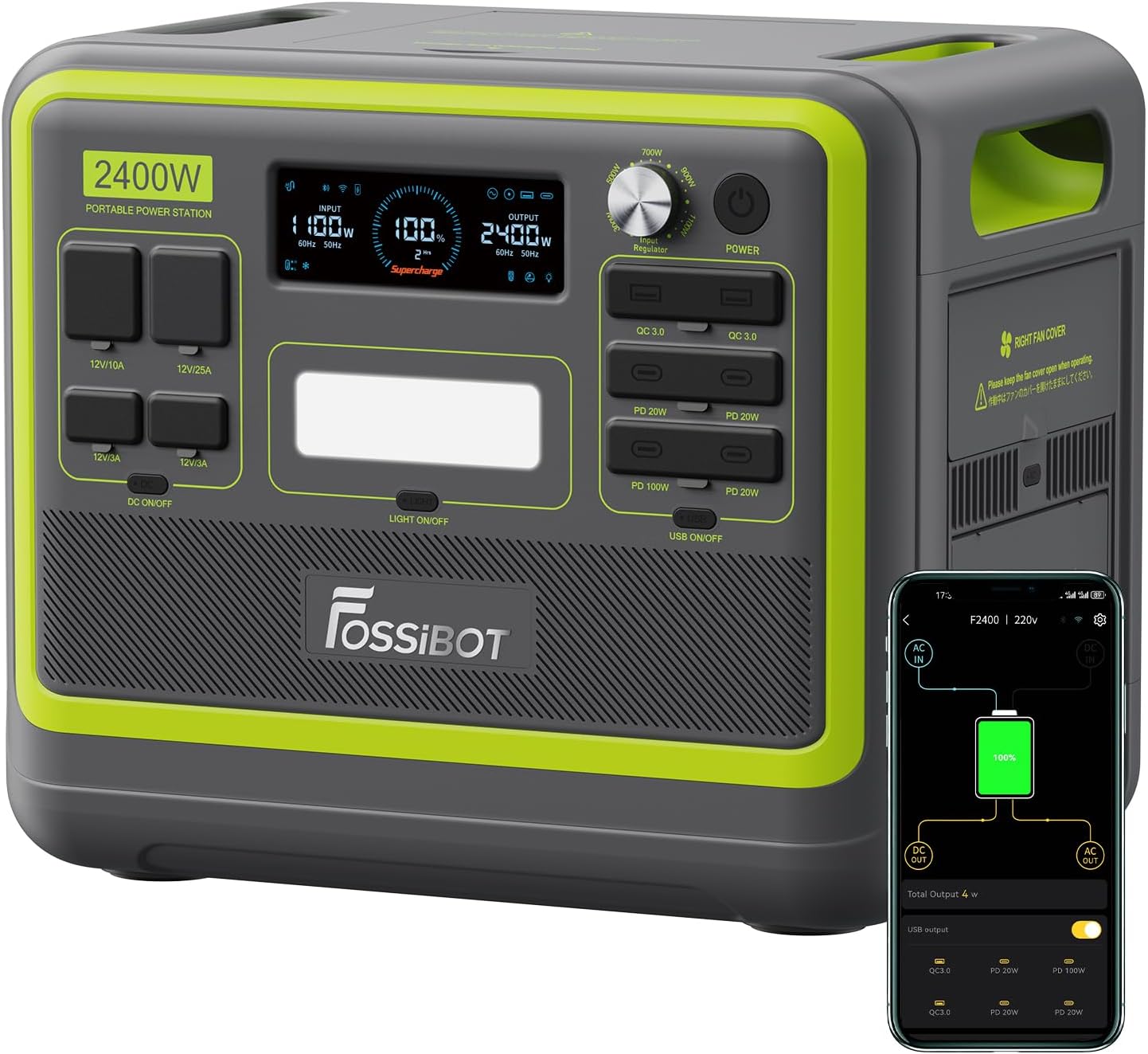 FOSSiBOT F2400 Generator solarny, 2048 Wh LiFePO4 akumulator zapasowy z wyjściami 24000 W AC (4600 W Peak)(F2400 Zielony)