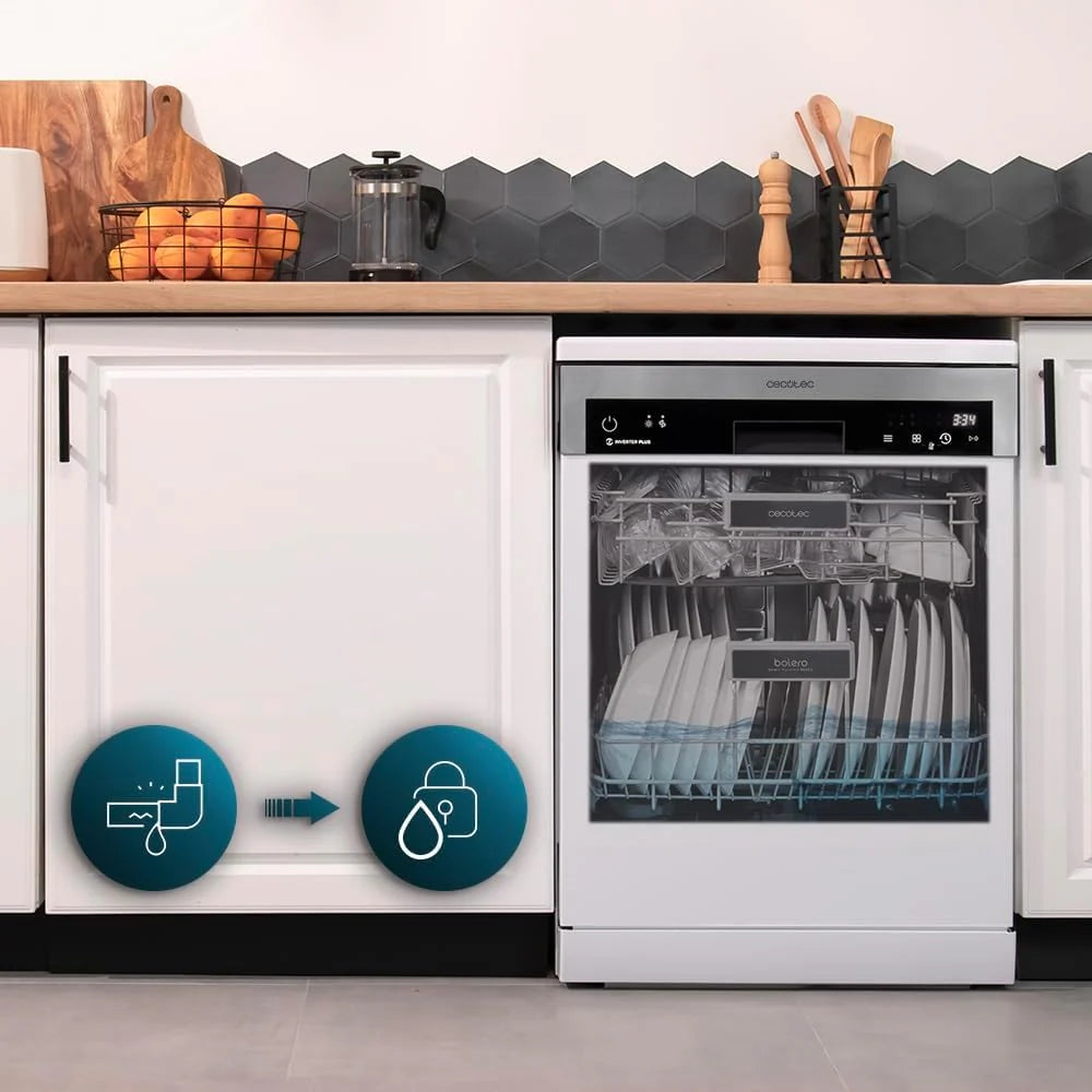 Cecotec Zmywarka 60cm Wolnostojący Bolero Aguazero 6500 C. 15 sztućców, 3. Taca, 6 Programów z Dual Zone Wash, Dry+, Auto Open, Średnie obciążenie, Odroczony start, Silnik Inverter Plus