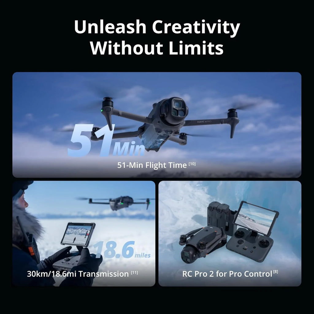DJI Mavic 4 Pro 512 GB Creator Combo z DJI RC Pro 2, flagowy dron trójkamerowy z kamerą Hasselblad CMOS 100 MP 4/3, maksymalny czas lotu 51 minut, trzema bateriami, koncentratorem ładowania i nie