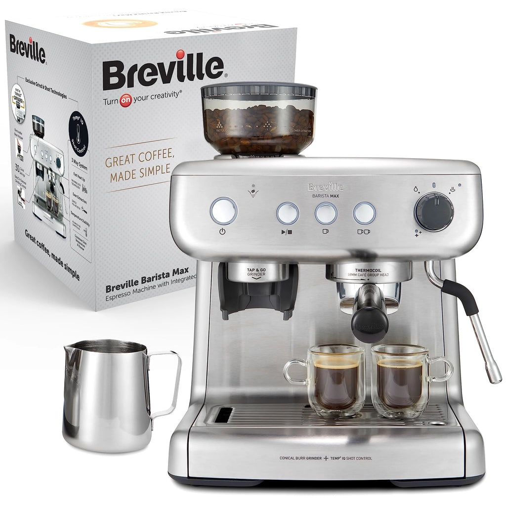 Breville Barista Max Ekspres do kawy Kolbowy VCF126X, Zbiornik na wodę 2.8L, Zintegrowany młynek do kawy i spieniacz do mleka, 15 Bar, Stal Szczotkowana